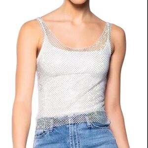 AKIRA  SILVER Iridescent Sleeveless Rhinestone Mesh Blouse Tank party night club